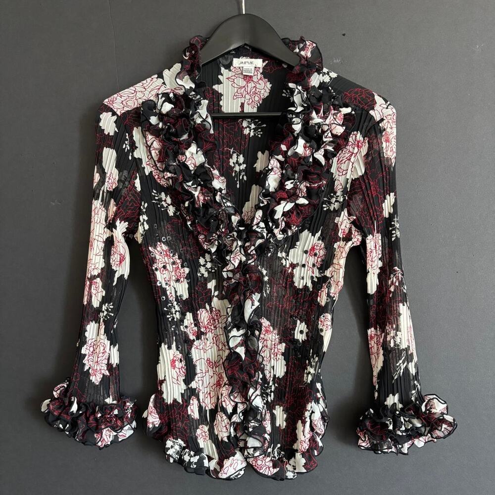 VTG Y2K Jaipur Floral Pleated Chiffon Ruffle Blouse Sequin - Size Small